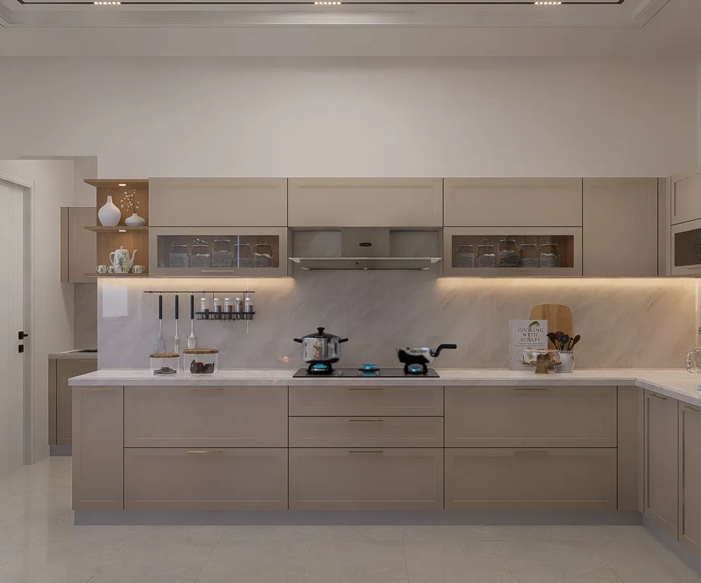 Straight-line beige modular kitchen design render